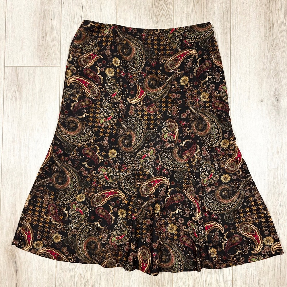 Y2K Kim Rogers‎ Signature Paisley Floral A-Line Skirt Black Brown Red 34" 14 L